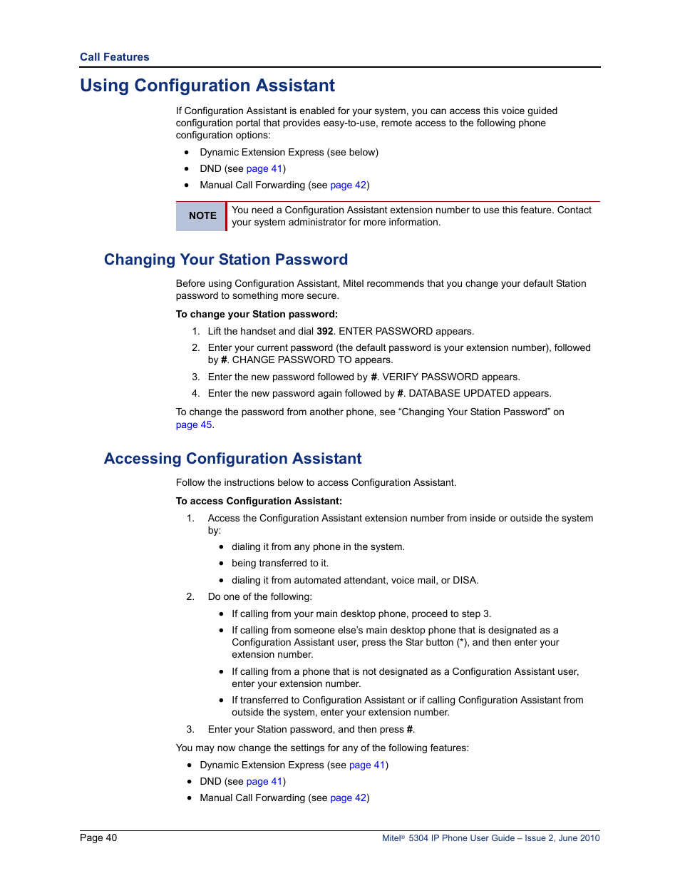 Using configuration assistant, Changing your station password, Accessing configuration assistant | Mitel 5304 User Manual | Page 54 / 84