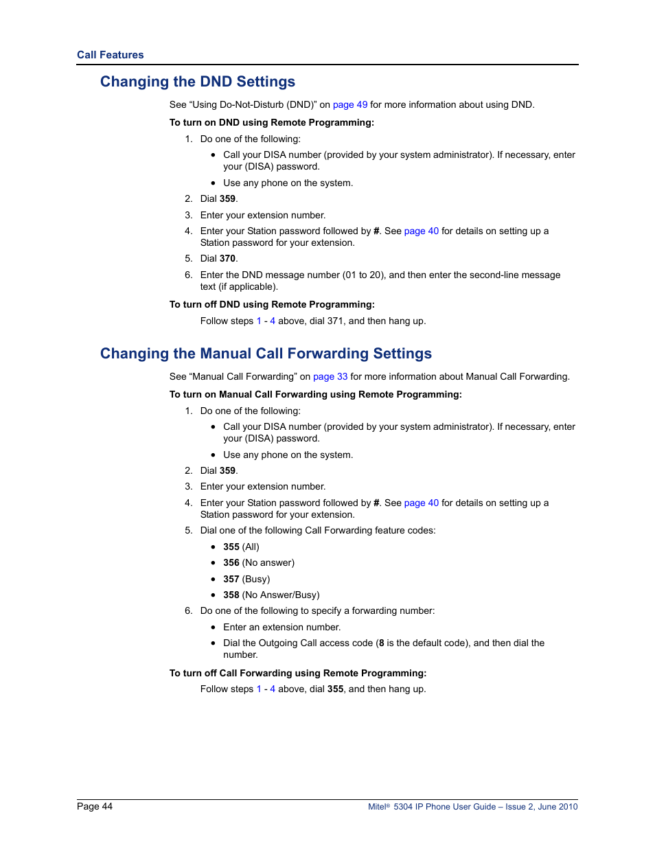 Changing the dnd settings, Changing the manual call forwarding settings | Mitel 5304 User Manual | Page 58 / 84