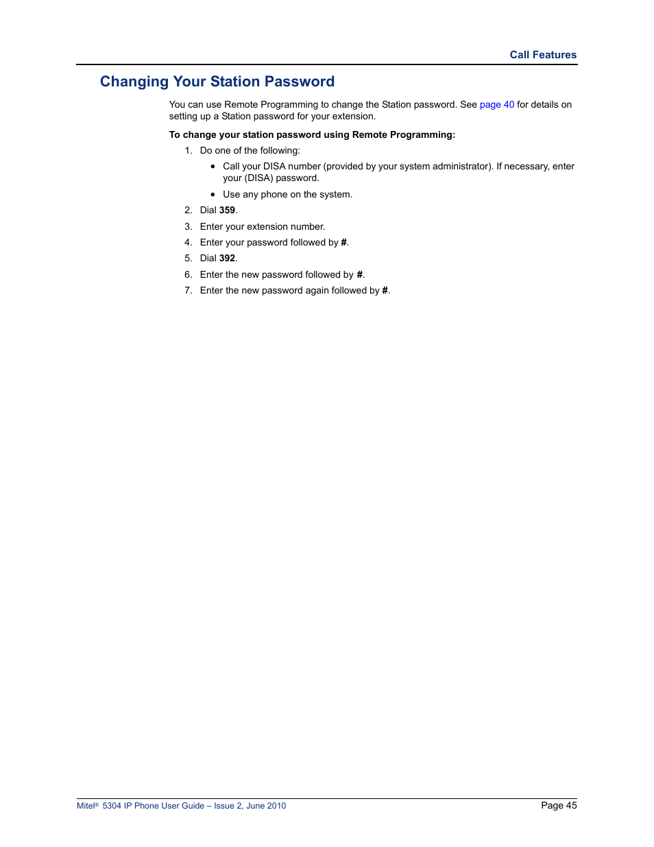 Changing your station password, Changing your station password” on | Mitel 5304 User Manual | Page 59 / 84