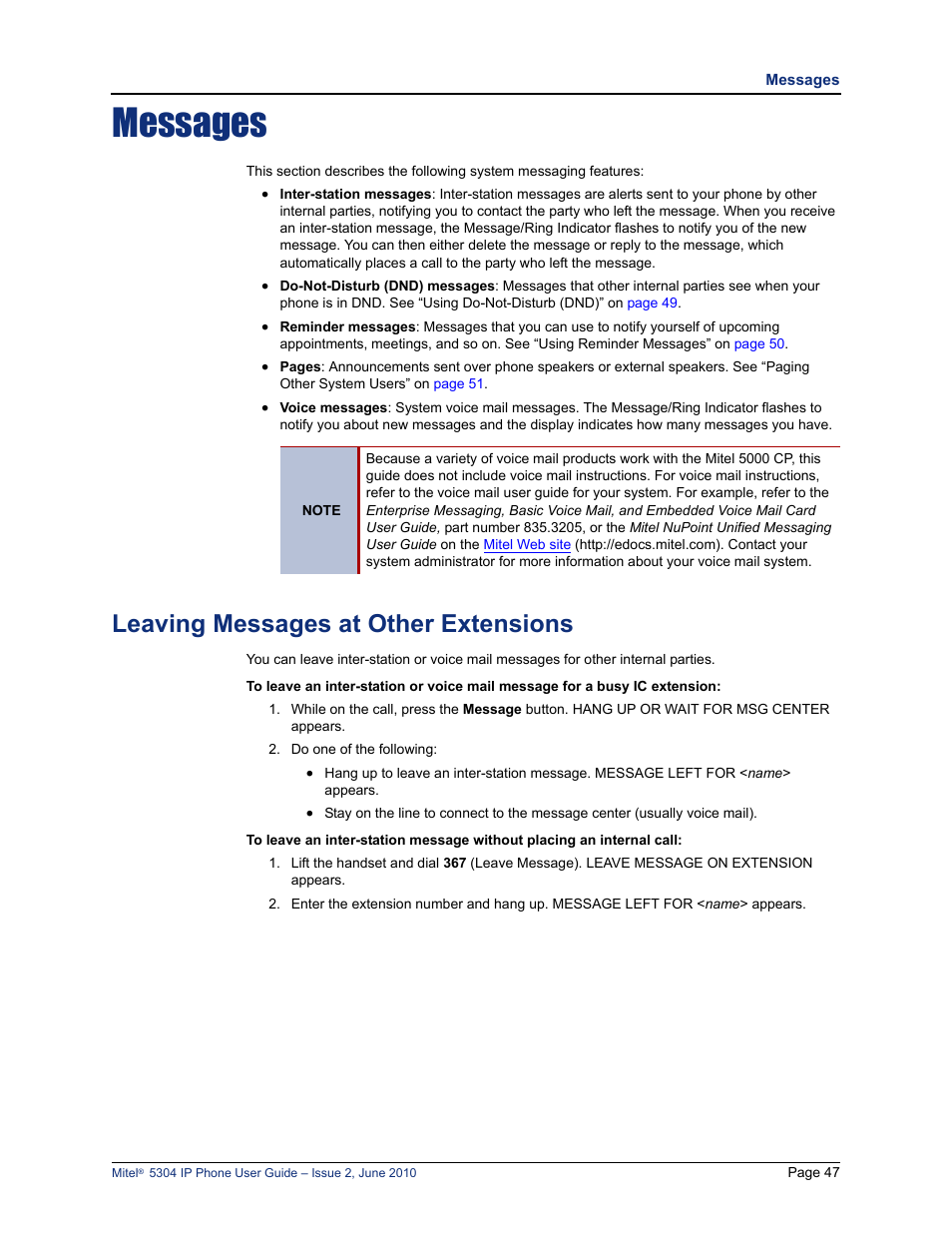 Messages, Leaving messages at other extensions, E “messages” on | E “leaving messages at other extensions” on | Mitel 5304 User Manual | Page 61 / 84