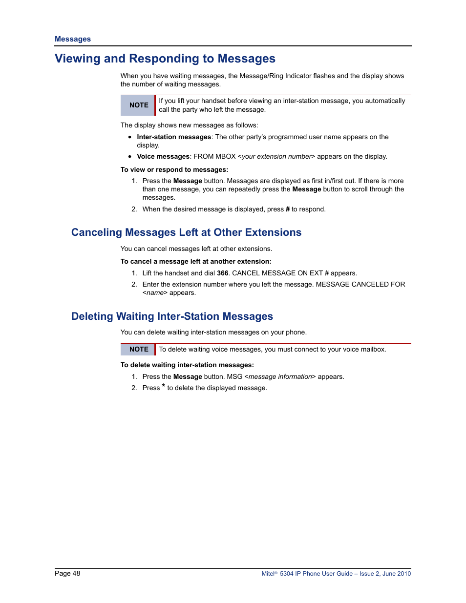 Viewing and responding to messages, Canceling messages left at other extensions, Deleting waiting inter-station messages | Mitel 5304 User Manual | Page 62 / 84