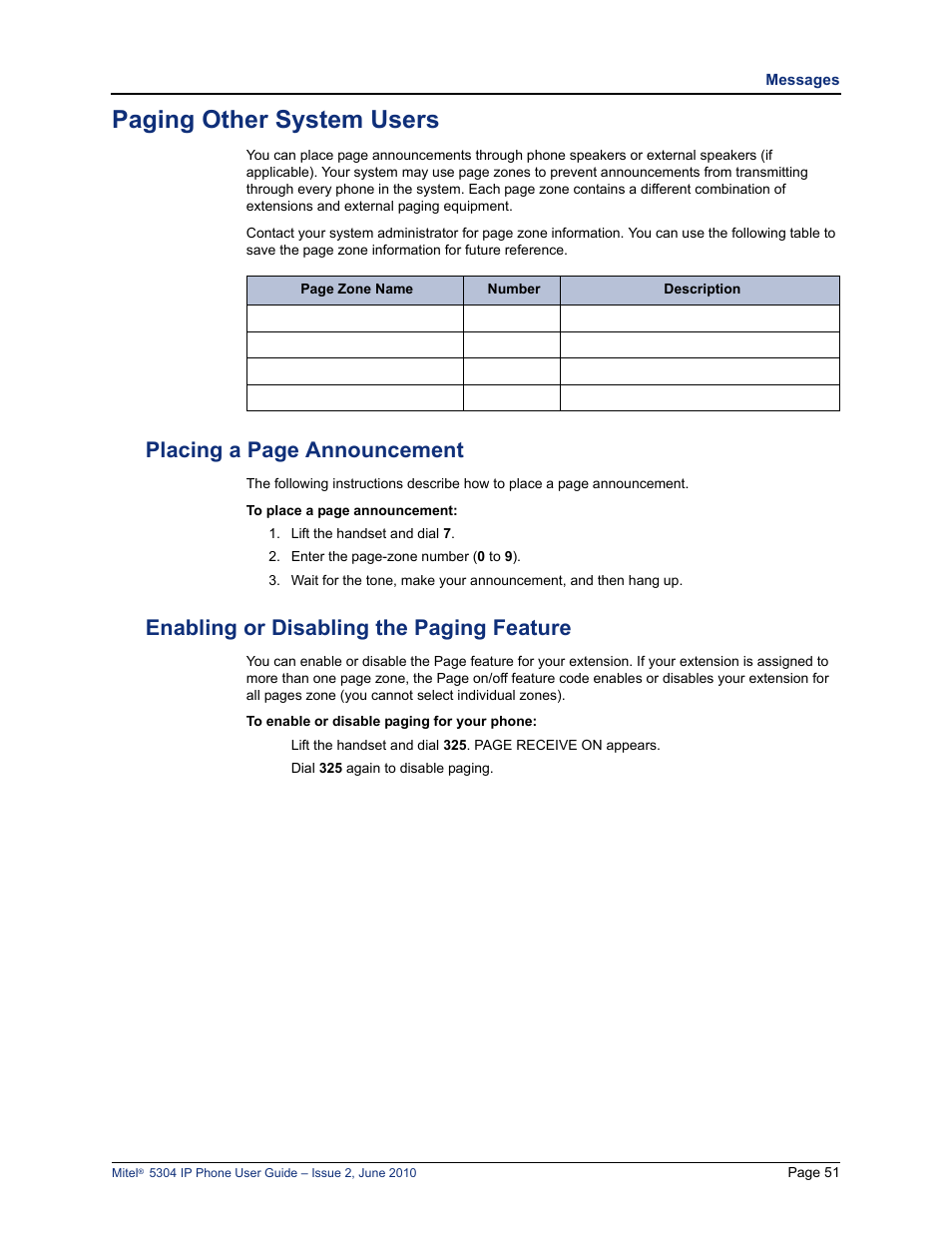 Paging other system users, Enabling or disabling the paging feature, S. see “paging other system users” on | Kers. see “paging other system users” on, Placing a page announcement | Mitel 5304 User Manual | Page 65 / 84