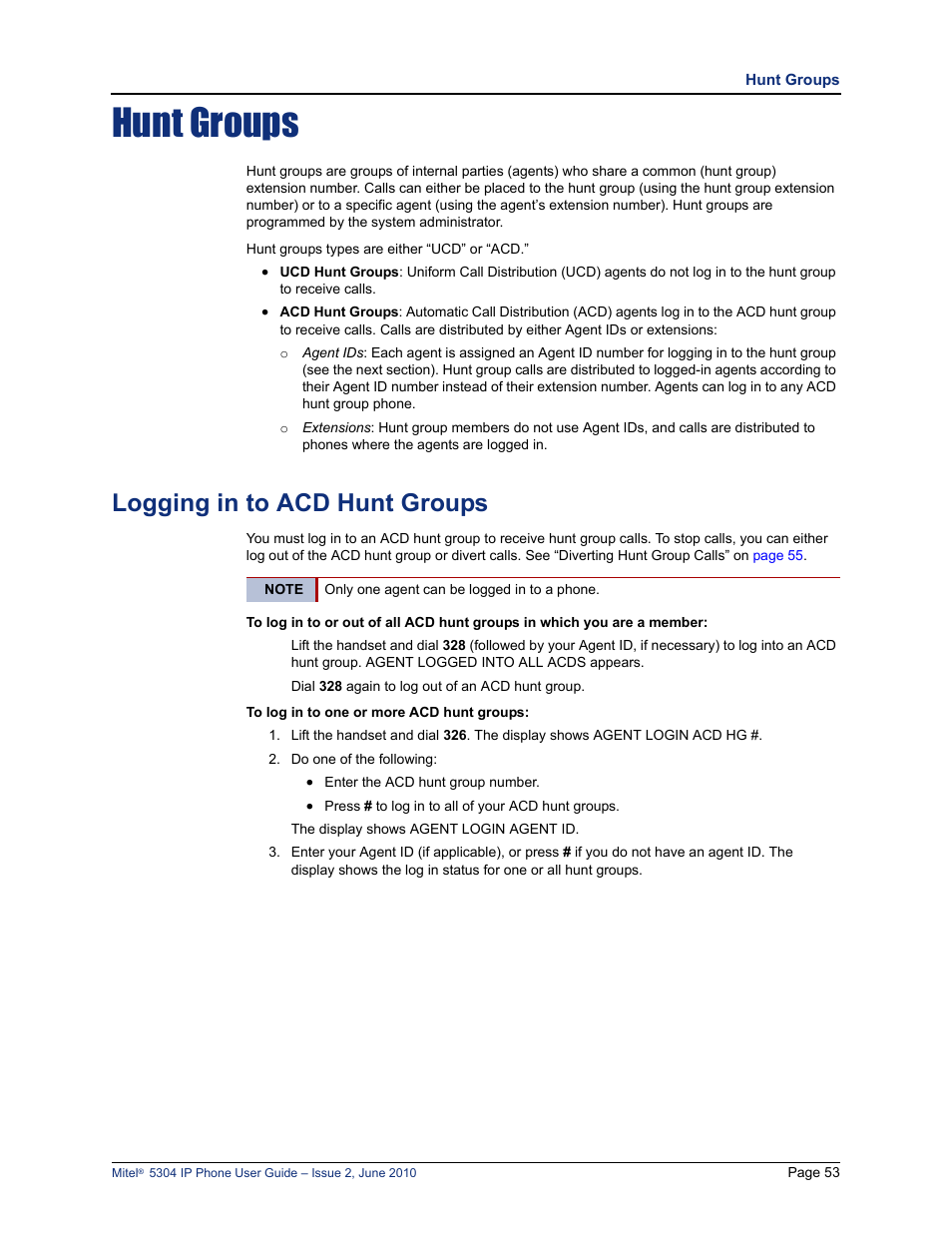 Hunt groups, Logging in to acd hunt groups, Hunt groups” on | Mitel 5304 User Manual | Page 67 / 84