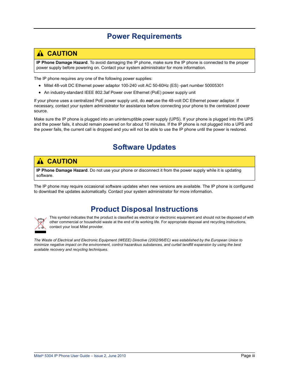 Power requirements, Software updates, Product disposal instructions | Caution | Mitel 5304 User Manual | Page 7 / 84