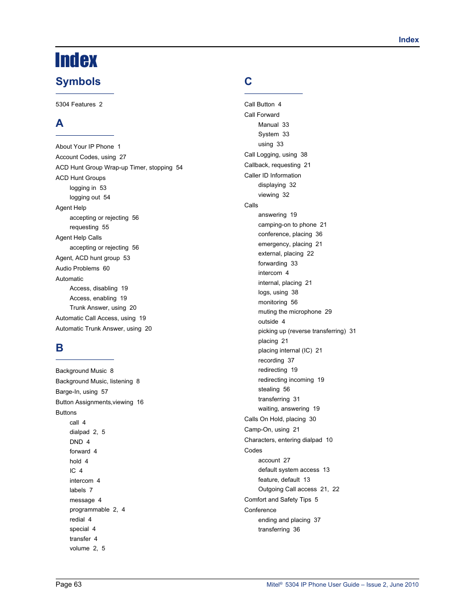 Index, Symbols | Mitel 5304 User Manual | Page 77 / 84