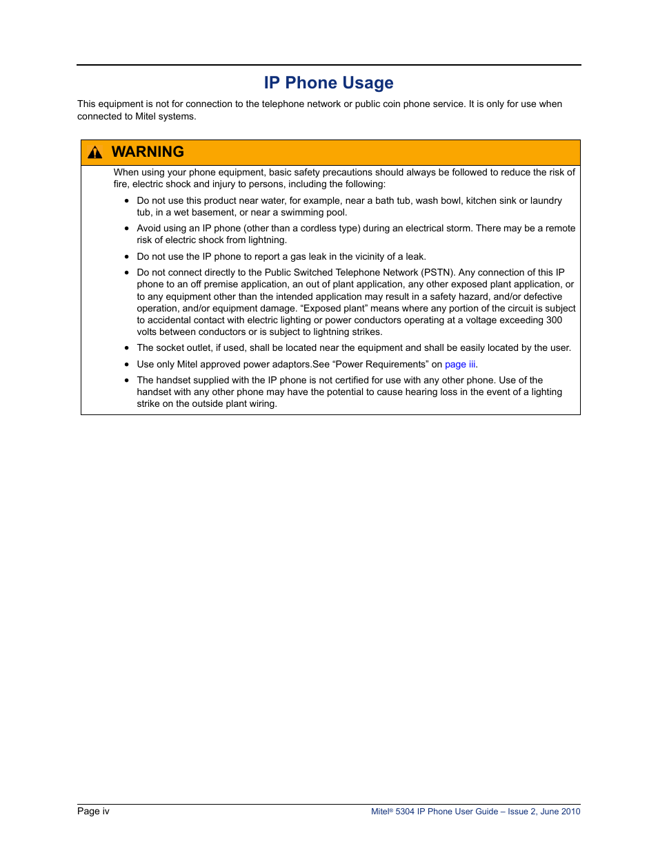 Ip phone usage, Warning | Mitel 5304 User Manual | Page 8 / 84