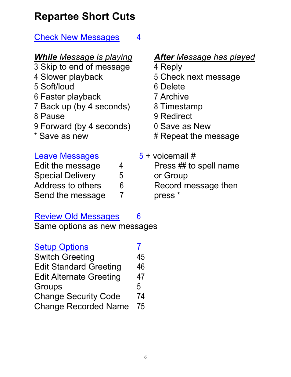 Repartee short cuts | Mitel 200 User Manual | Page 6 / 7