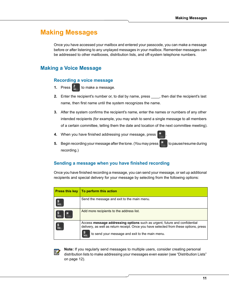 Making messages, Making a voice message, Recording a voice message | Sending a message when you have finished recording | Mitel TUI User Manual | Page 11 / 14