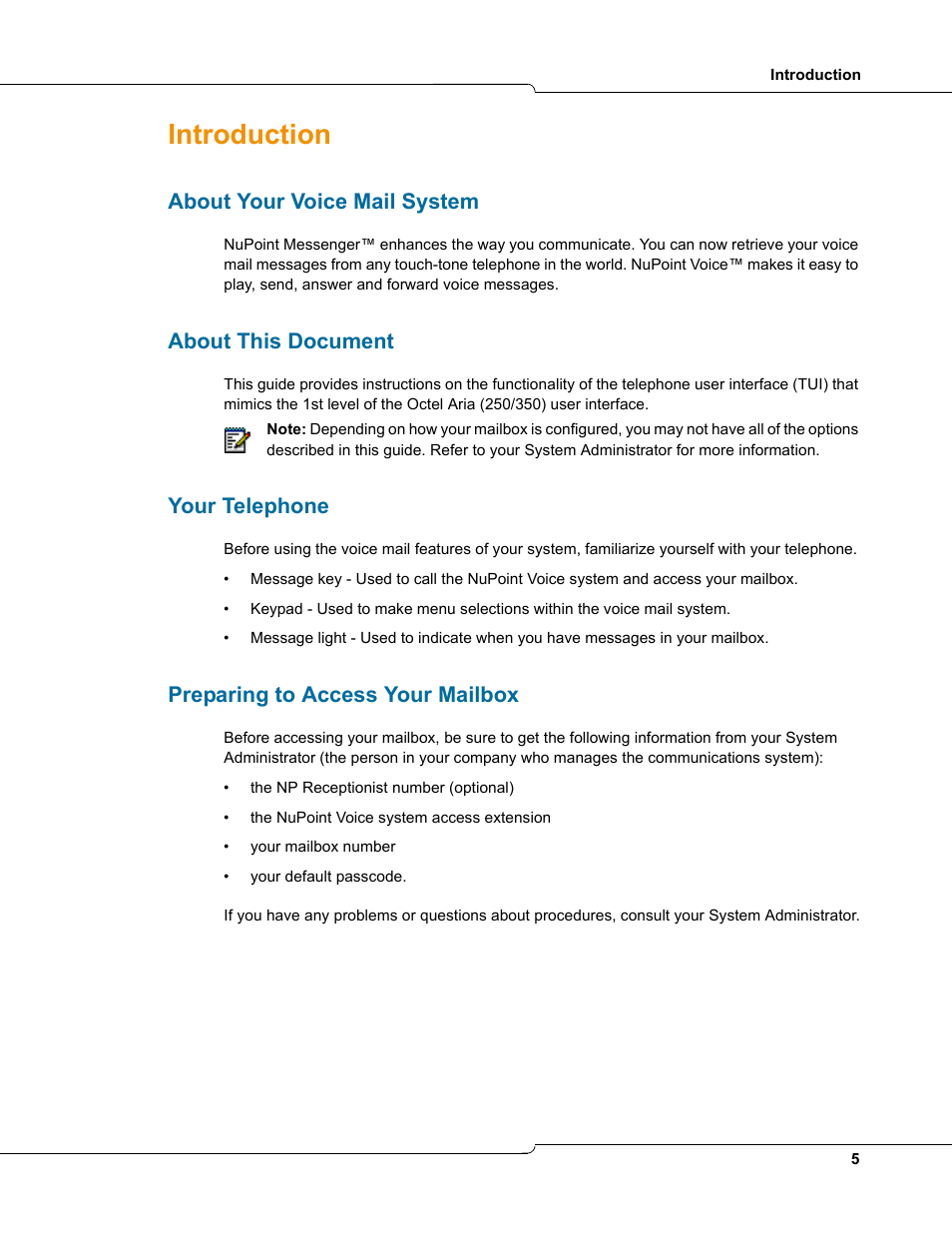 Introduction, About your voice mail system, About this document | Your telephone, Preparing to access your mailbox | Mitel TUI User Manual | Page 5 / 14