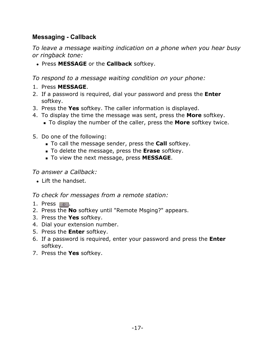 Messaging - callback | Mitel T7316 User Manual | Page 21 / 30