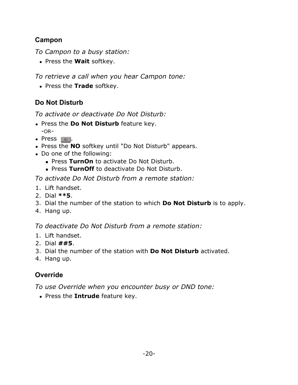 Campon, Do not disturb, Override | Mitel T7316 User Manual | Page 24 / 30