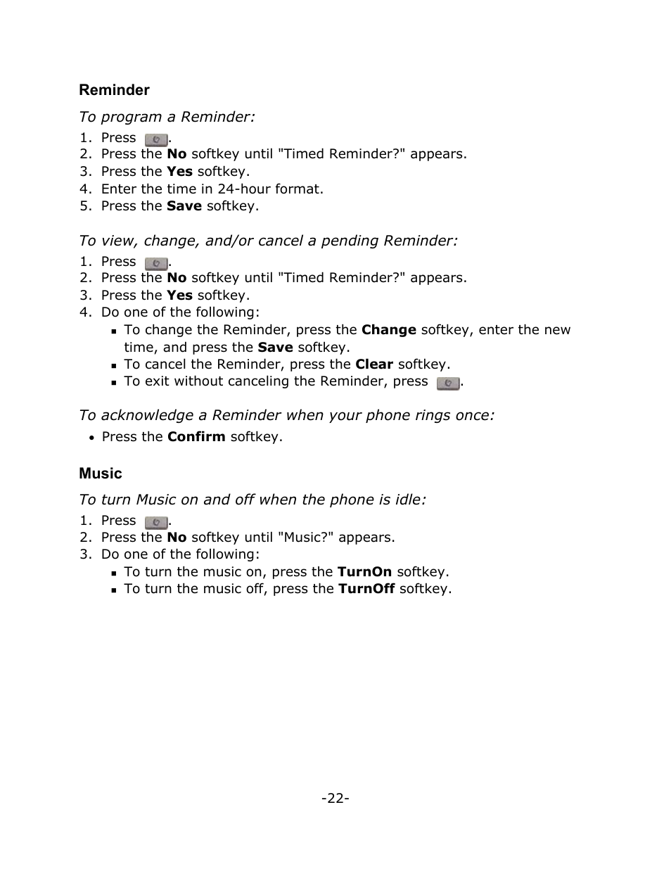 Reminder, Music | Mitel T7316 User Manual | Page 26 / 30