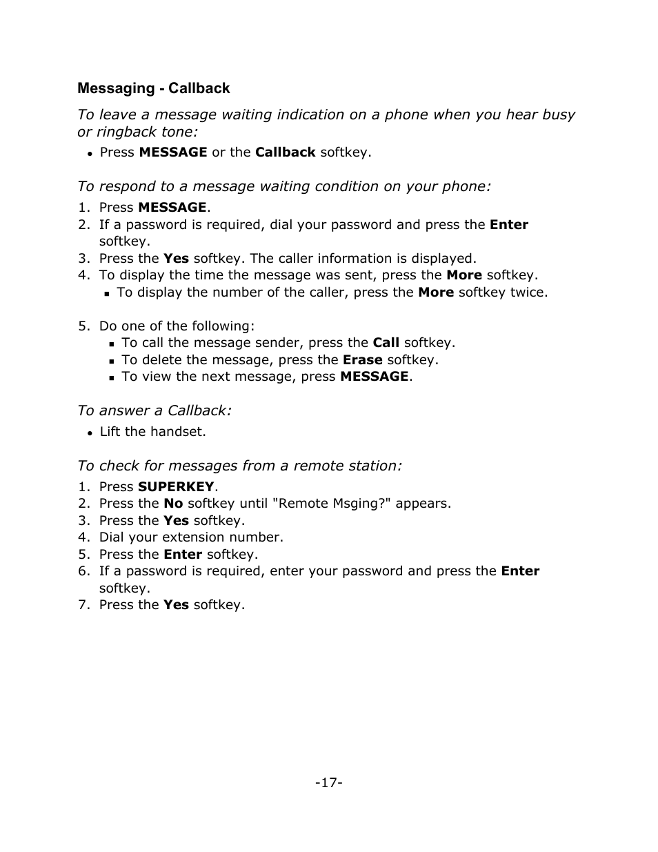 Messaging - callback | Mitel M7310N User Manual | Page 21 / 30