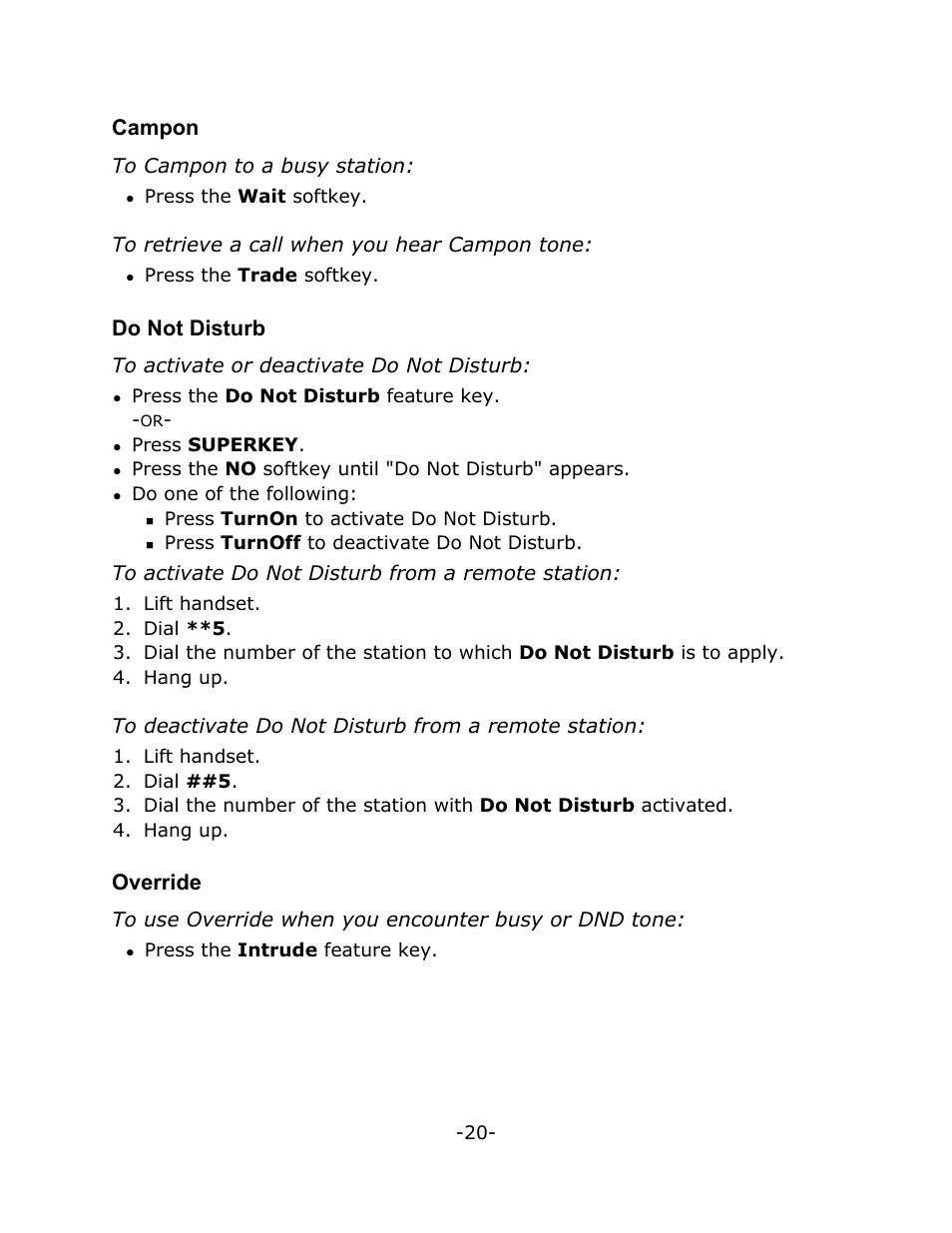 Campon, Do not disturb, Override | Mitel M7310N User Manual | Page 24 / 30