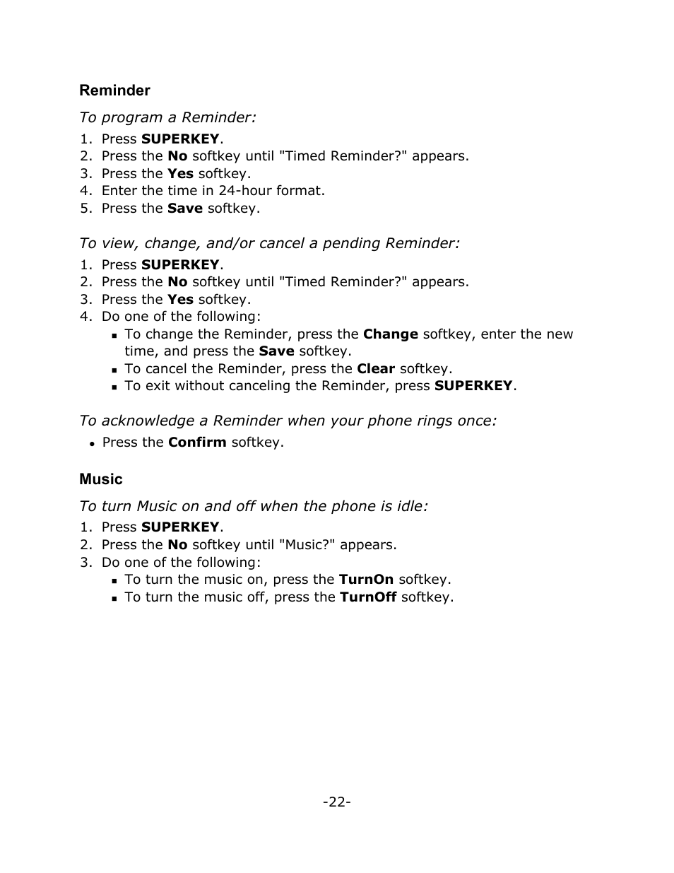 Reminder, Music | Mitel M7310N User Manual | Page 26 / 30