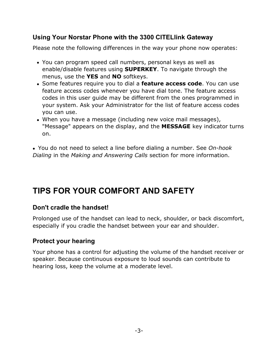 Tips for your comfort and safety, Don't cradle the handset, Protect your hearing | Mitel M7310N User Manual | Page 7 / 30