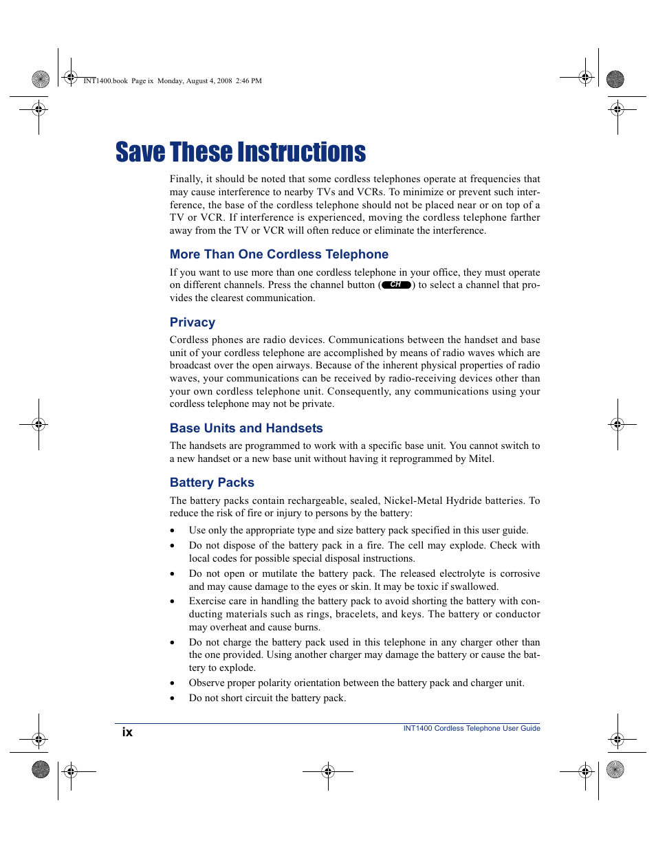 Save these instructions | Mitel INT1400 User Manual | Page 10 / 43