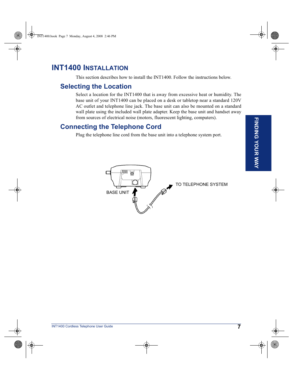 Int1400 installation, Selecting the location, Connecting the telephone cord | Int1400 i | Mitel INT1400 User Manual | Page 18 / 43
