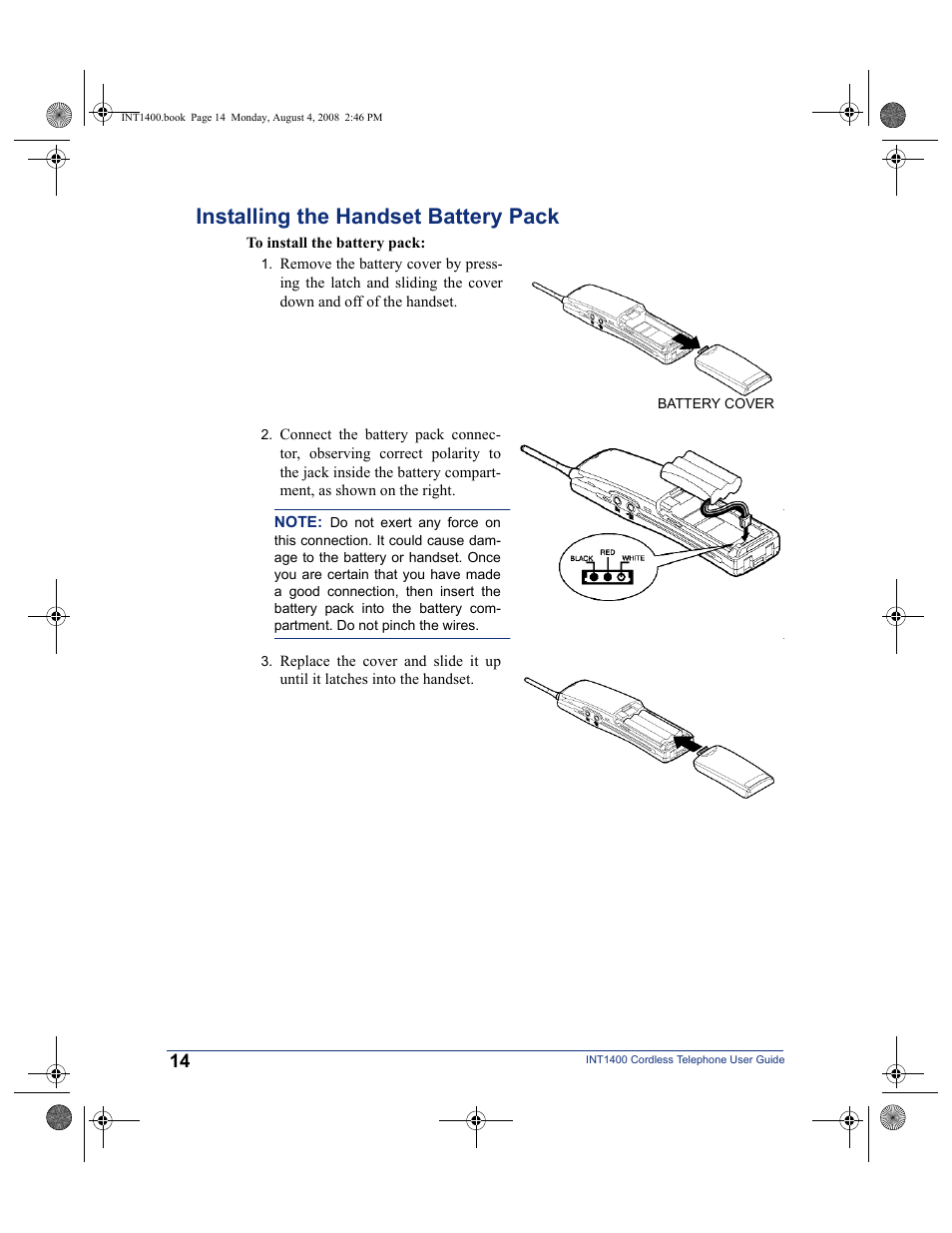 Installing the handset battery pack | Mitel INT1400 User Manual | Page 25 / 43