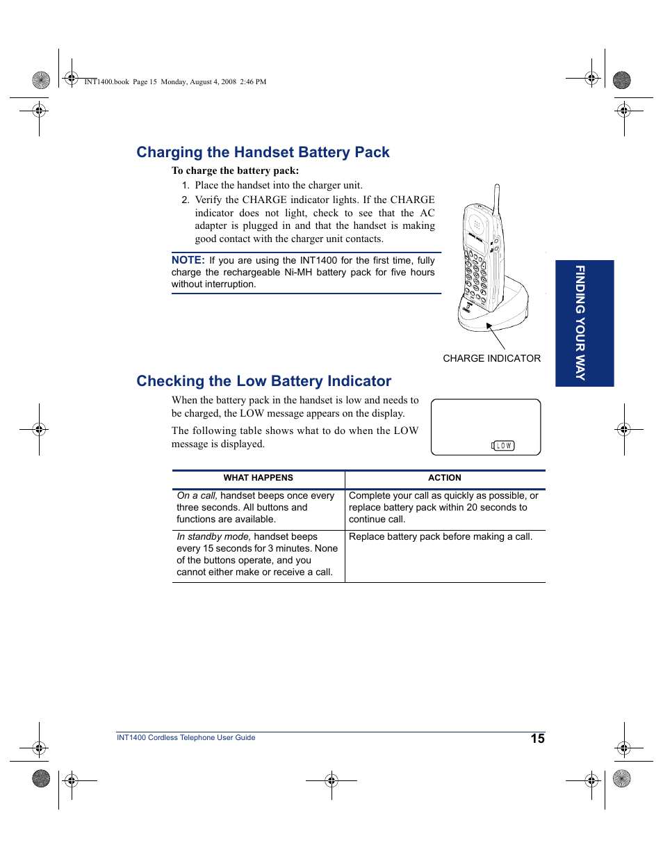 Charging the handset battery pack, Checking the low battery indicator, Checking the | Low battery indicator | Mitel INT1400 User Manual | Page 26 / 43
