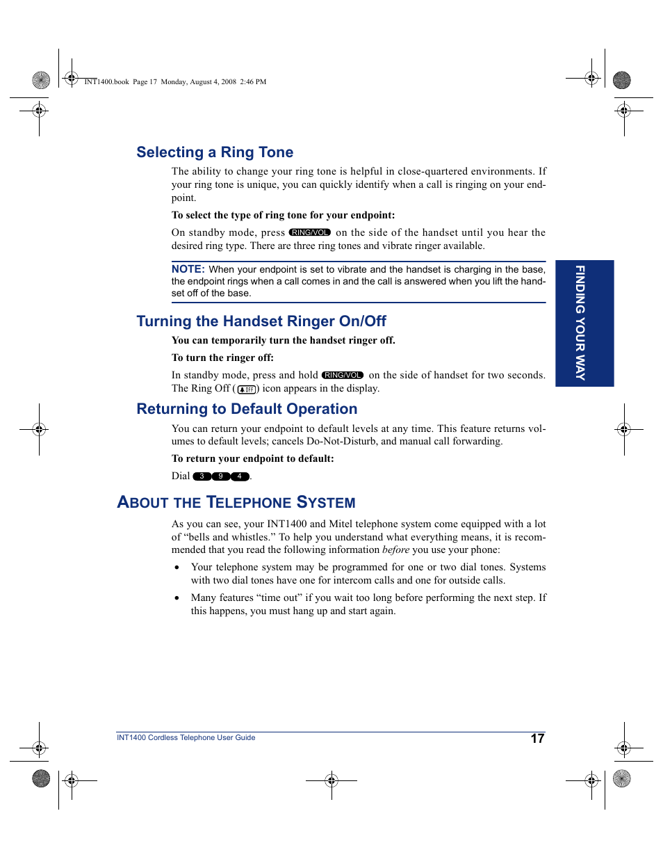Selecting a ring tone, Turning the handset ringer on/off, Returning to default operation | About the telephone system | Mitel INT1400 User Manual | Page 28 / 43