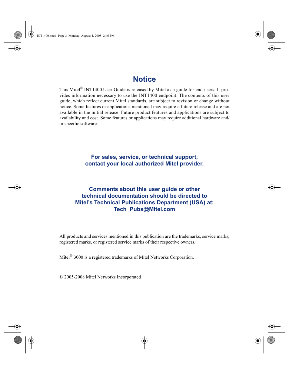 Notice | Mitel INT1400 User Manual | Page 3 / 43