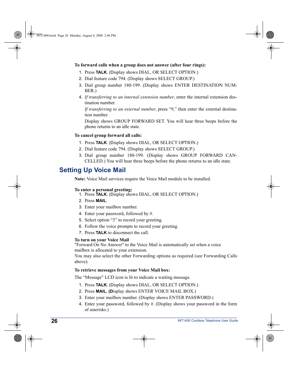 Setting up voice mail | Mitel INT1400 User Manual | Page 37 / 43