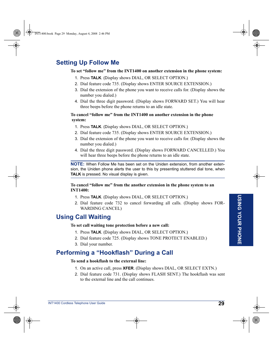 Setting up follow me, Using call waiting, Performing a “hookflash” during a call | Mitel INT1400 User Manual | Page 40 / 43