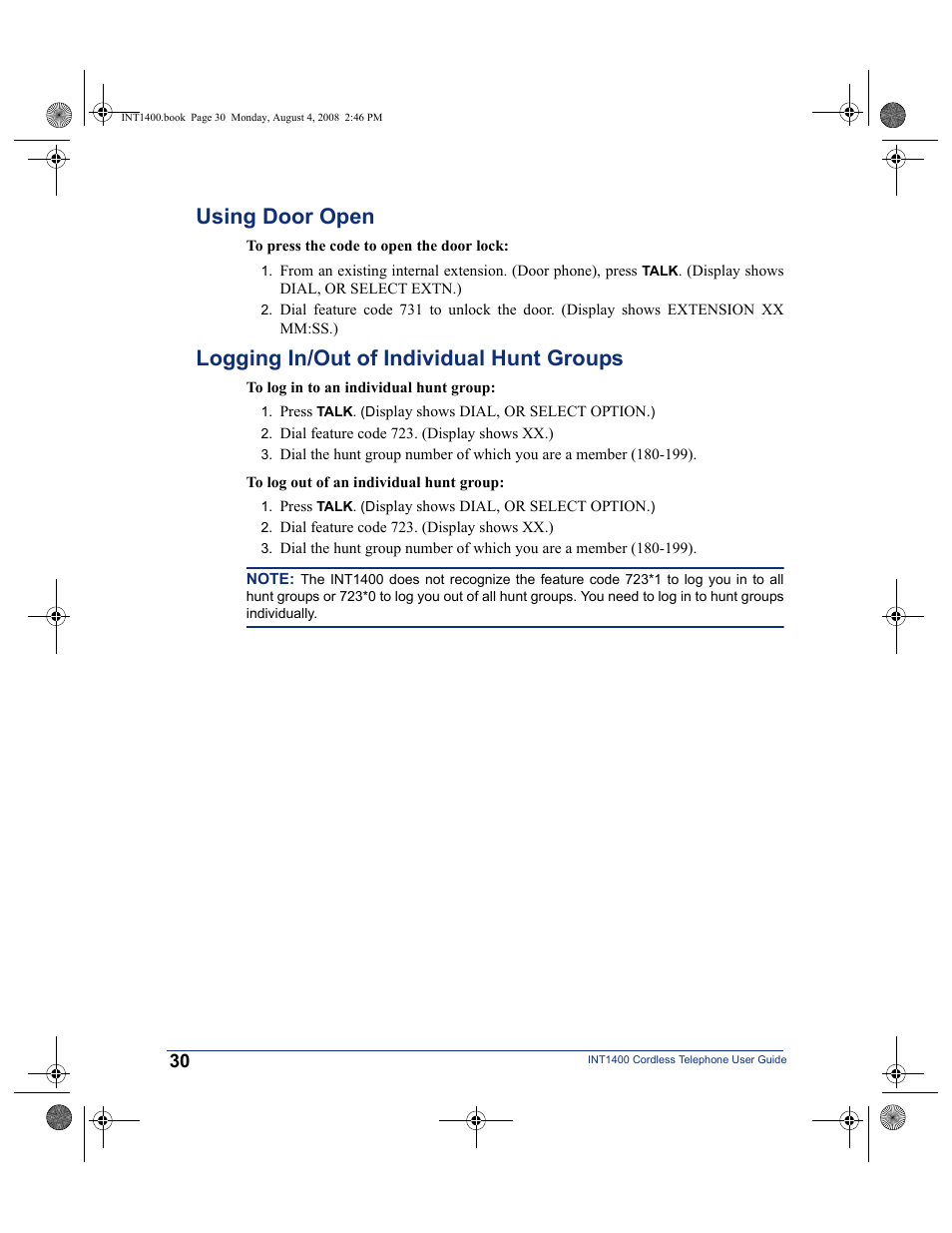 Using door open, Logging in/out of individual hunt groups | Mitel INT1400 User Manual | Page 41 / 43