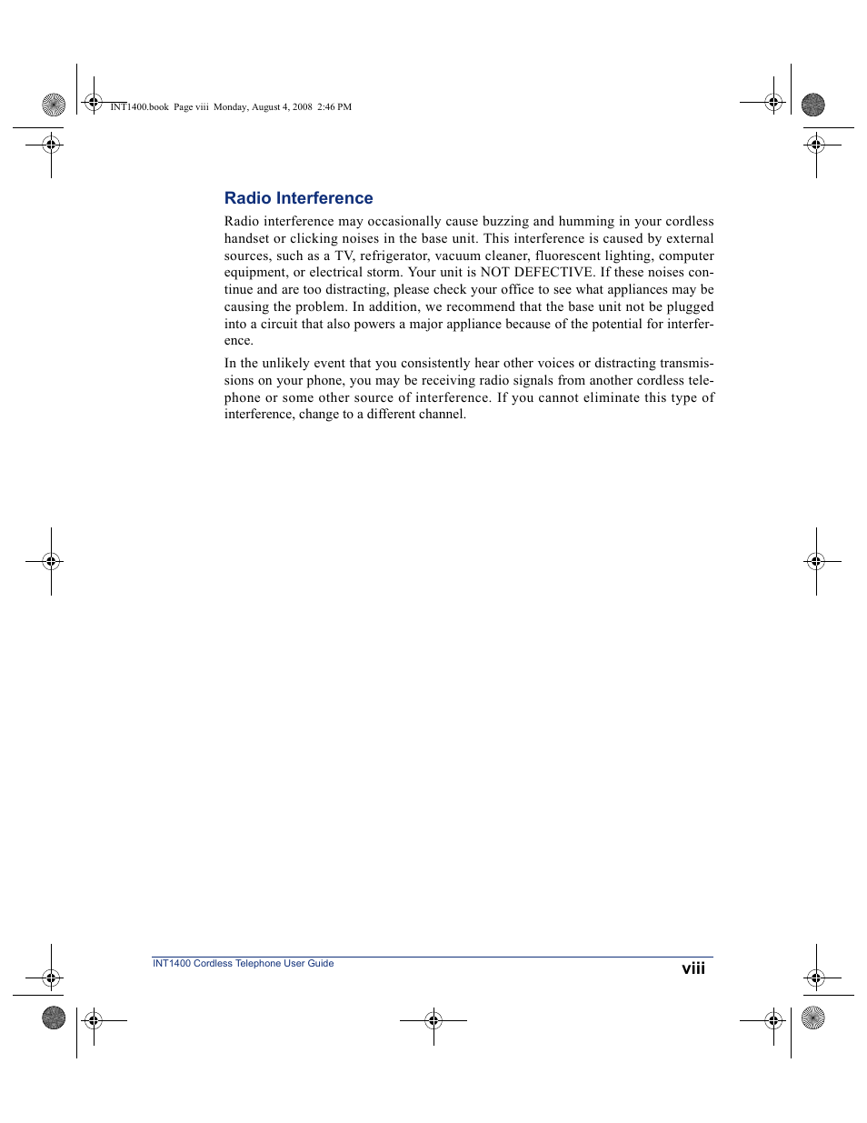Viii, Radio interference | Mitel INT1400 User Manual | Page 9 / 43