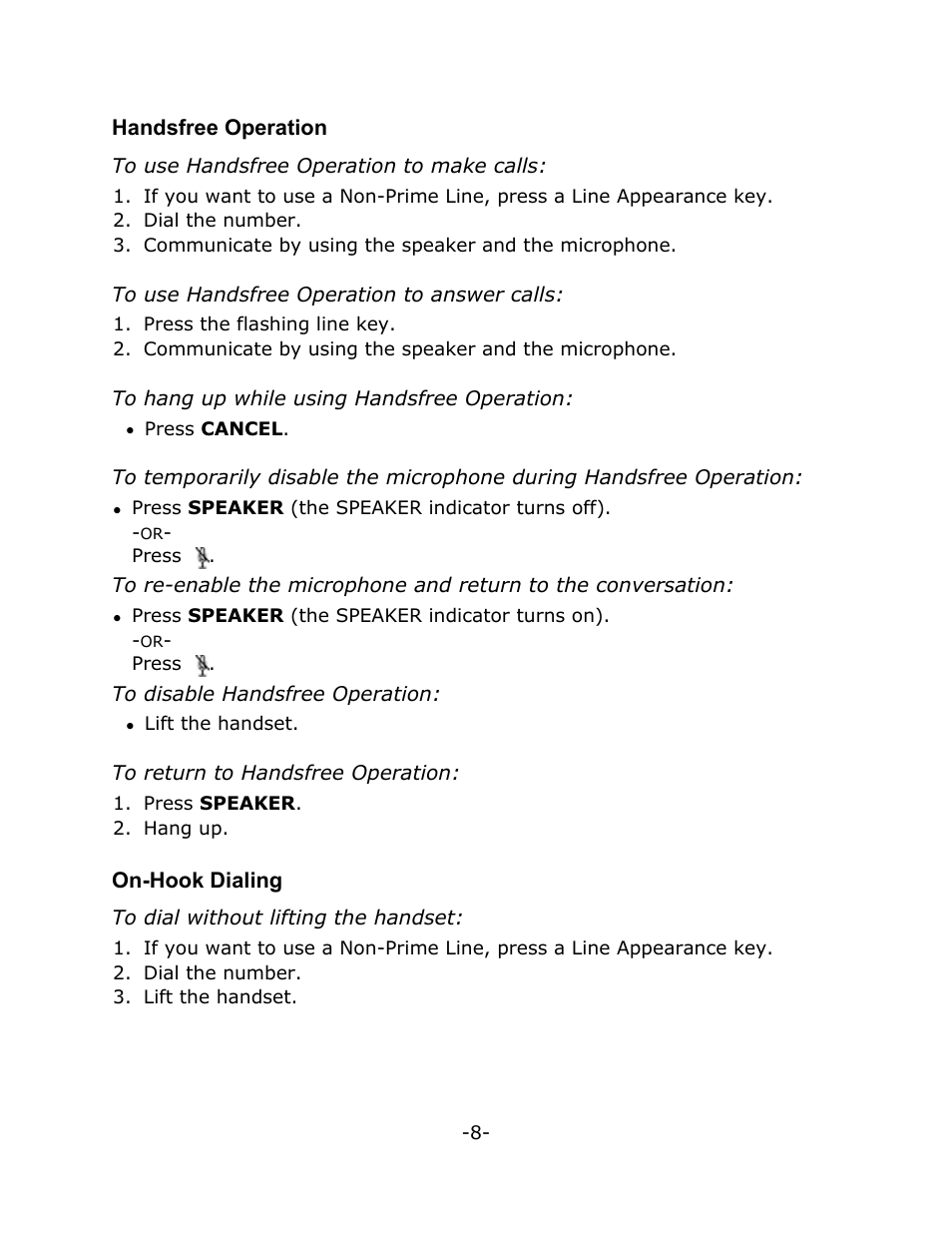 Handsfree operation, On-hook dialing | Mitel T7208 User Manual | Page 12 / 25