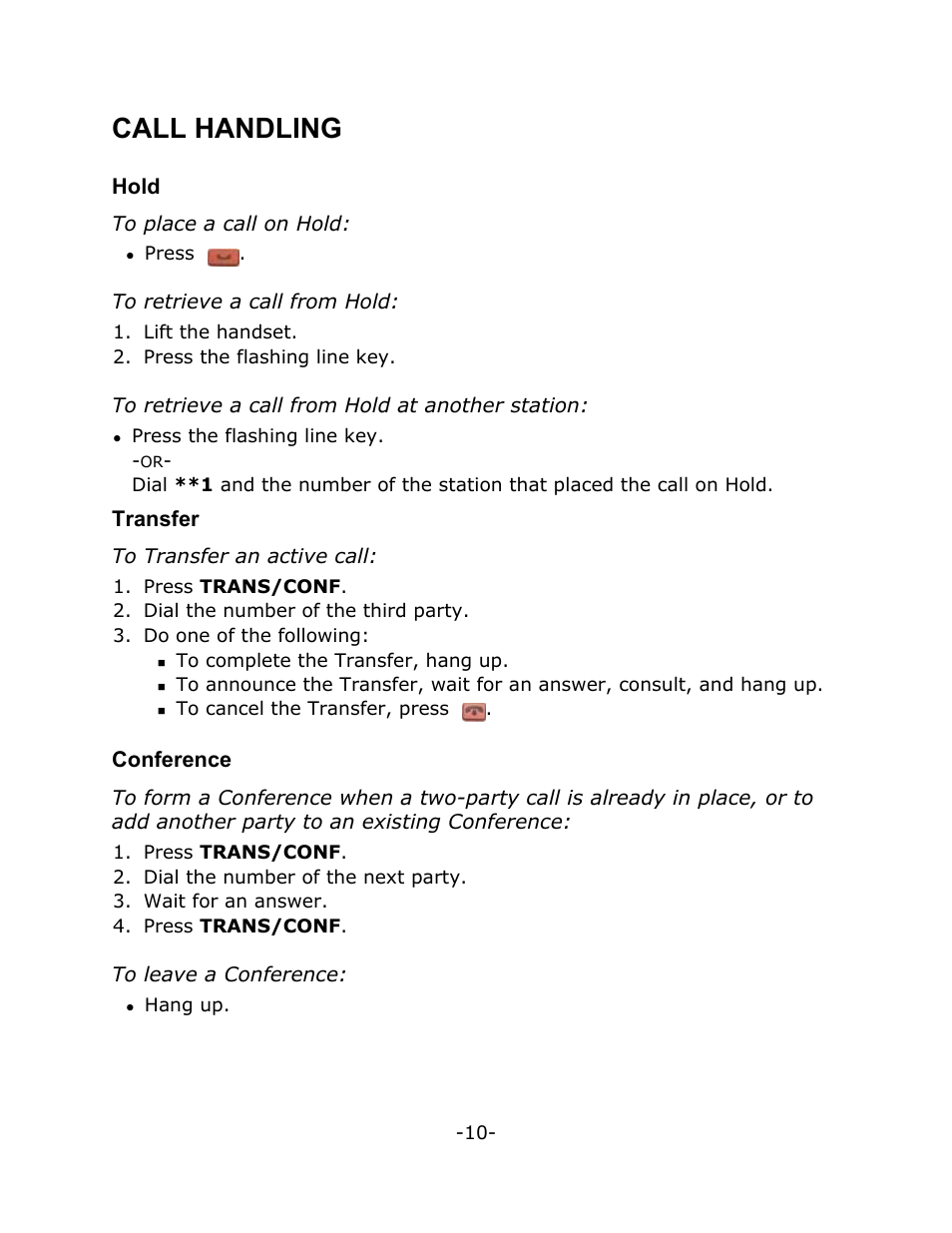 Call handling, Hold, Transfer | Conference | Mitel T7208 User Manual | Page 14 / 25