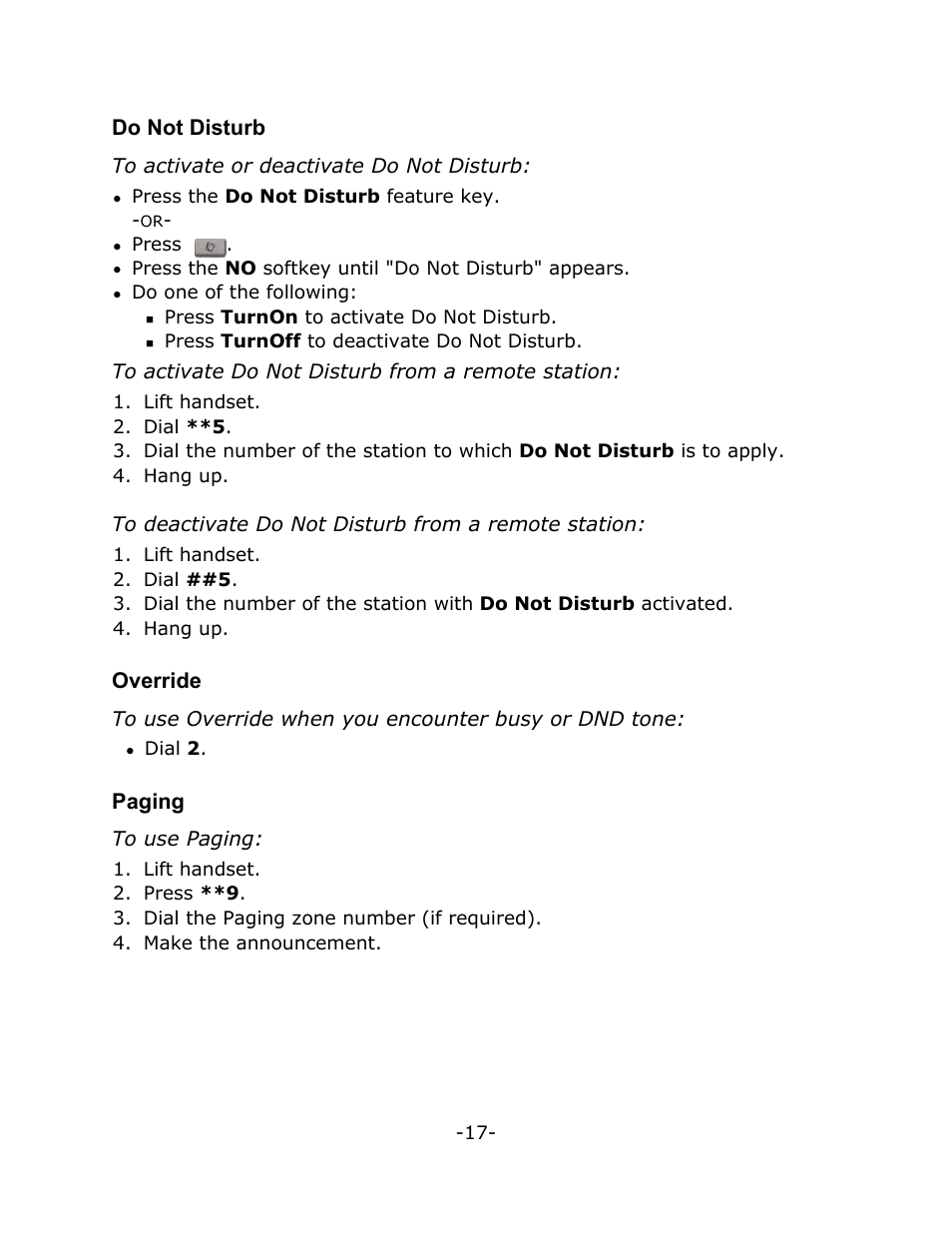 Do not disturb, Override, Paging | Mitel T7208 User Manual | Page 21 / 25