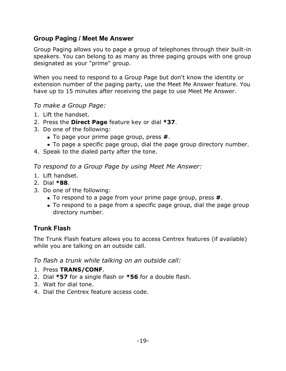 Group paging / meet me answer, Trunk flash | Mitel T7208 User Manual | Page 23 / 25