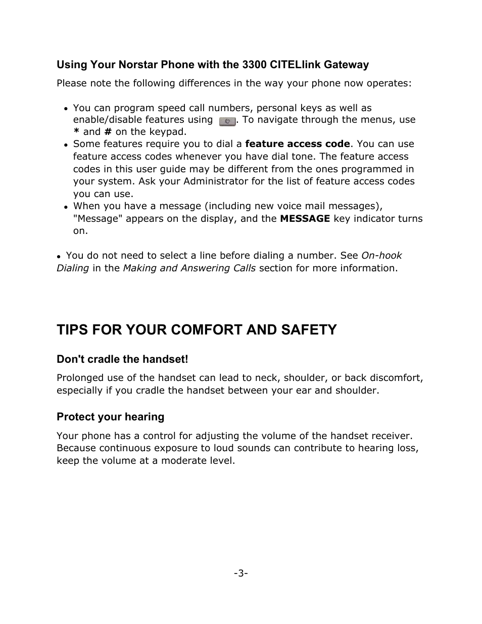 Tips for your comfort and safety, Don't cradle the handset, Protect your hearing | Mitel T7208 User Manual | Page 7 / 25