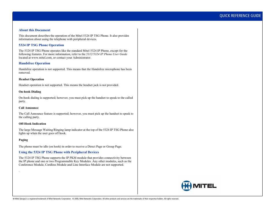 Quick reference guide | Mitel 5324 User Manual | Page 2 / 2