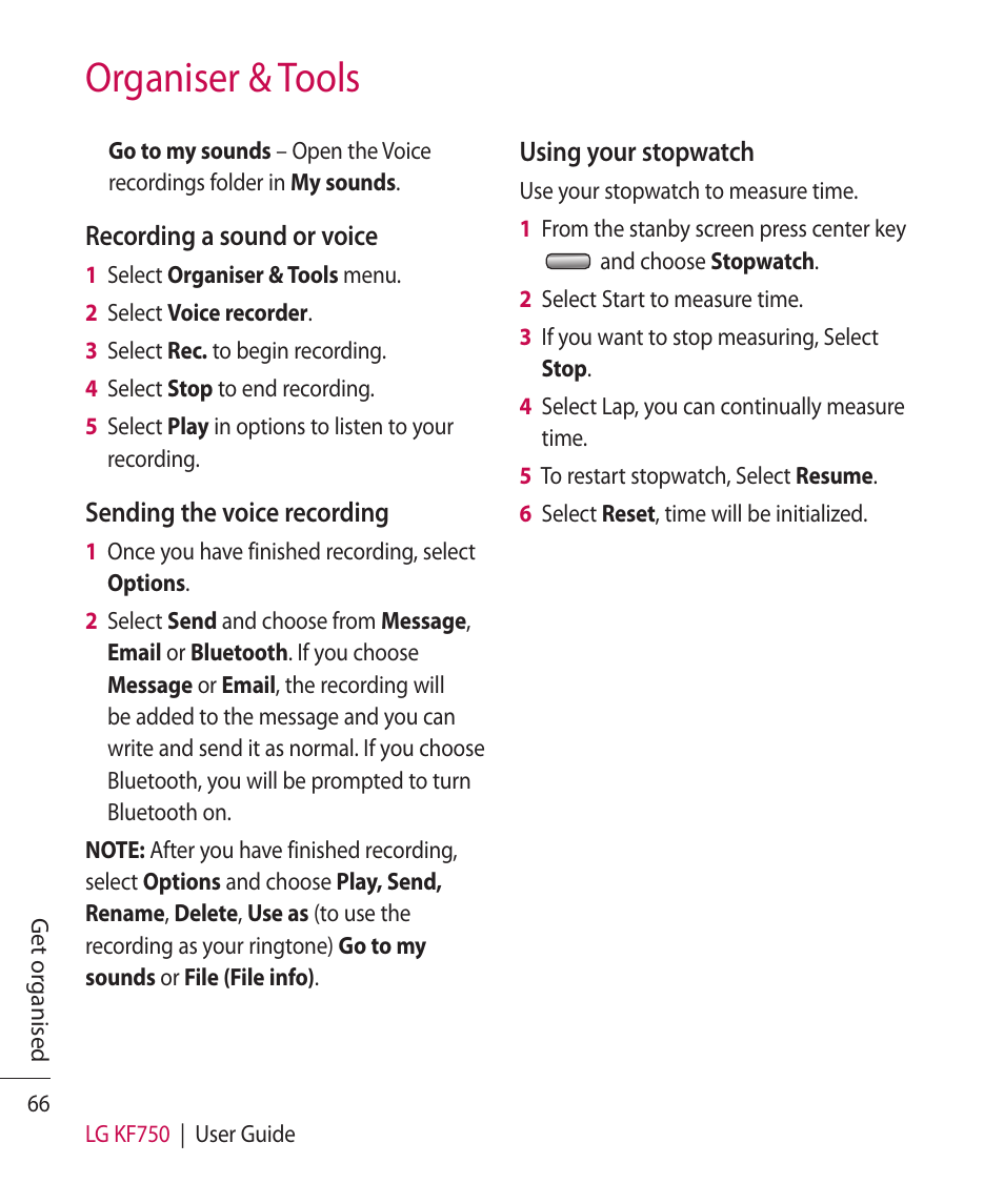 Organiser & tools | Mitel KF750 User Manual | Page 66 / 90