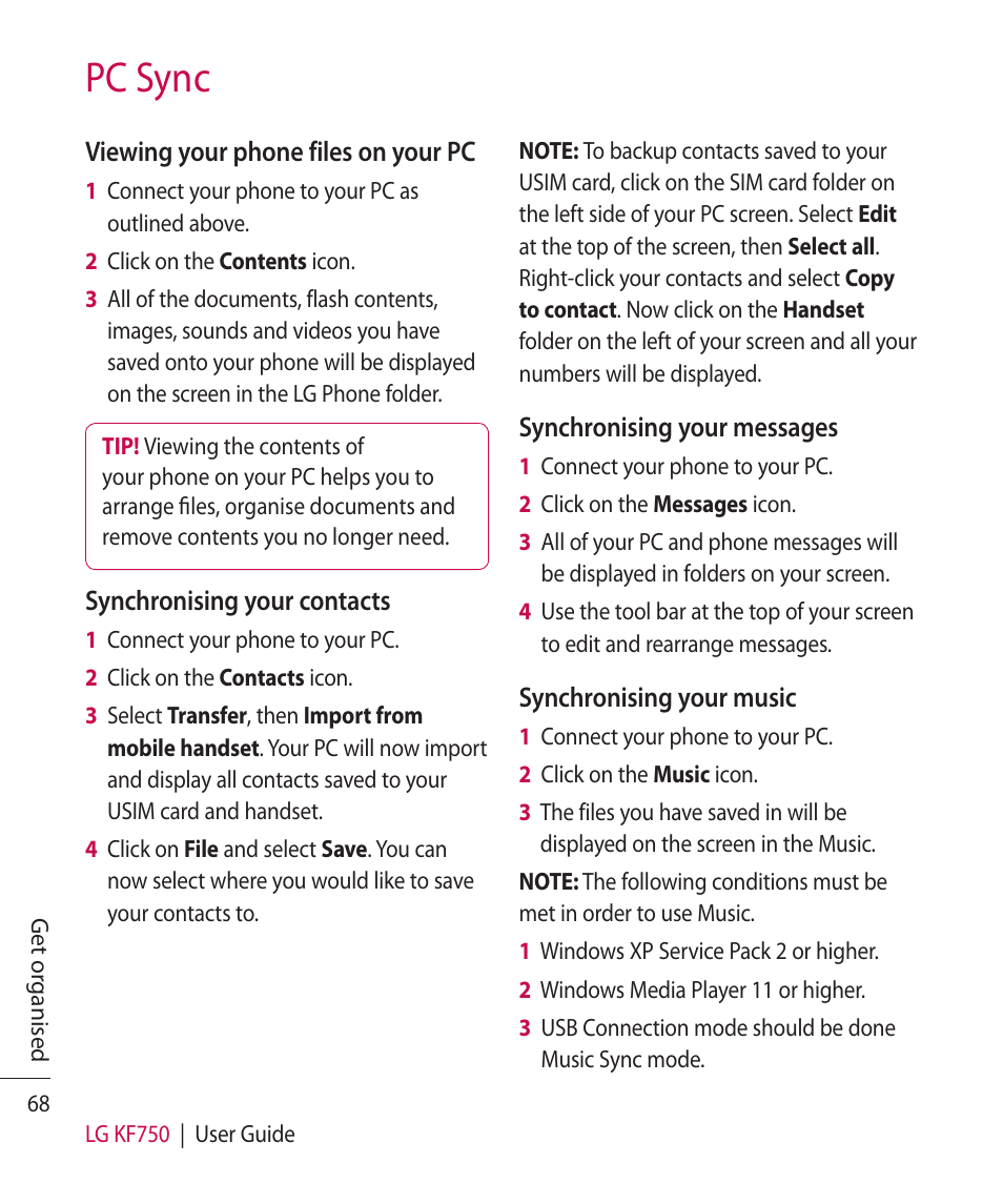Pc sync | Mitel KF750 User Manual | Page 68 / 90