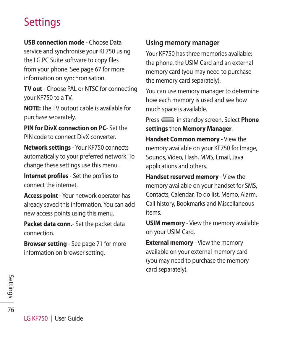 Settings | Mitel KF750 User Manual | Page 76 / 90