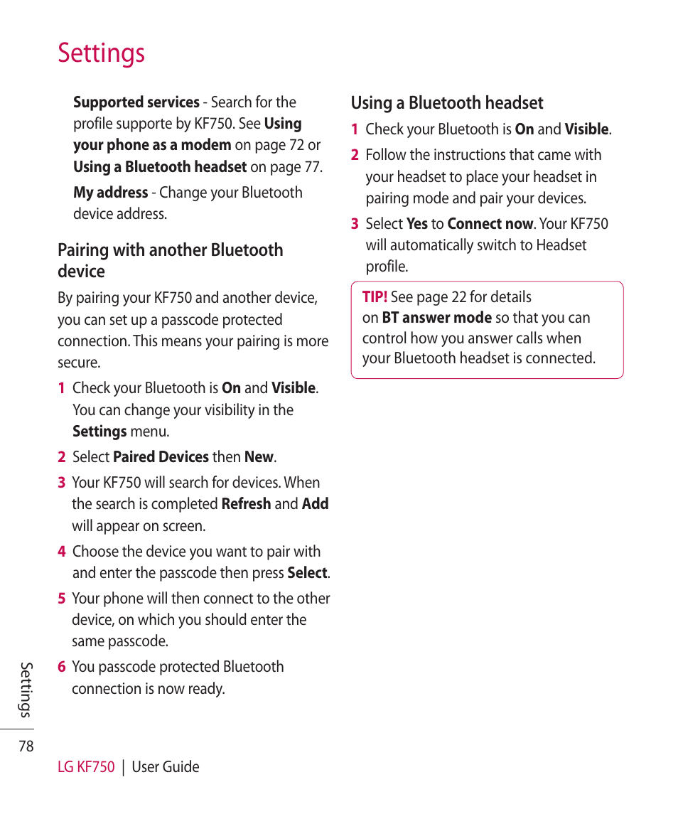 Settings | Mitel KF750 User Manual | Page 78 / 90