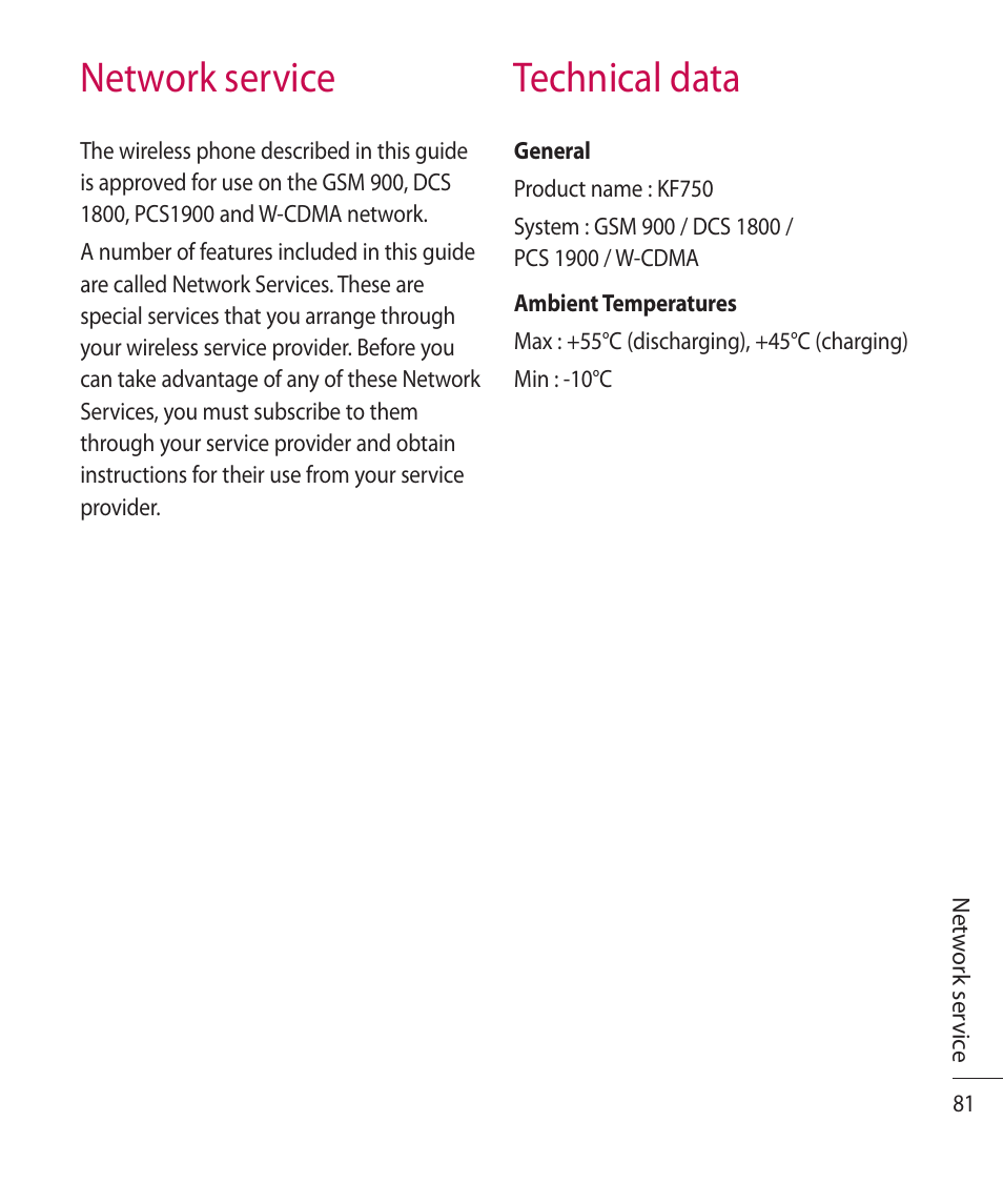 Network service technical data | Mitel KF750 User Manual | Page 81 / 90