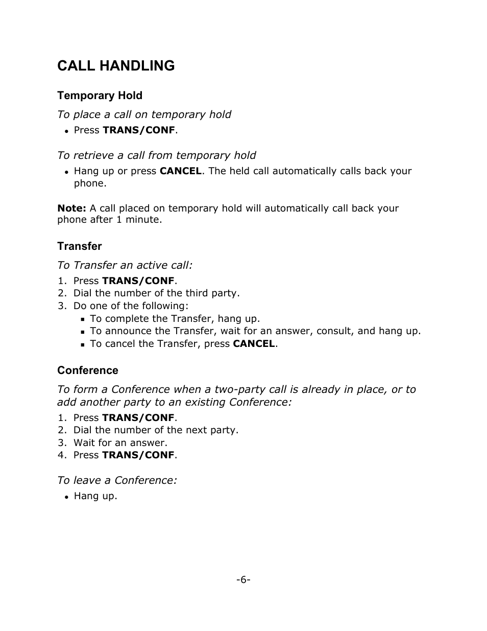 Call handling, Temporary hold, Transfer | Conference | Mitel M7100 User Manual | Page 10 / 21