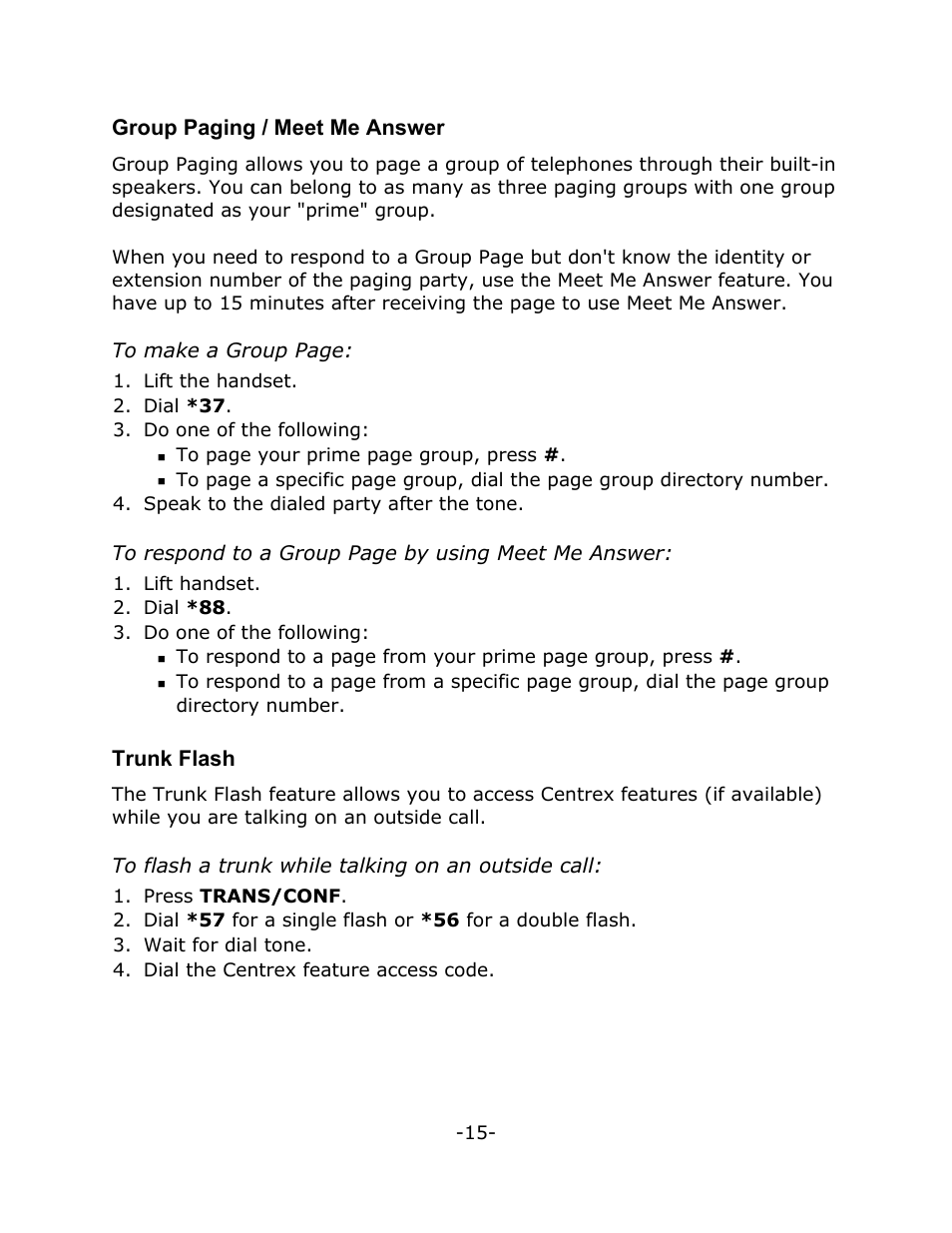 Group paging / meet me answer, Trunk flash | Mitel M7100 User Manual | Page 19 / 21