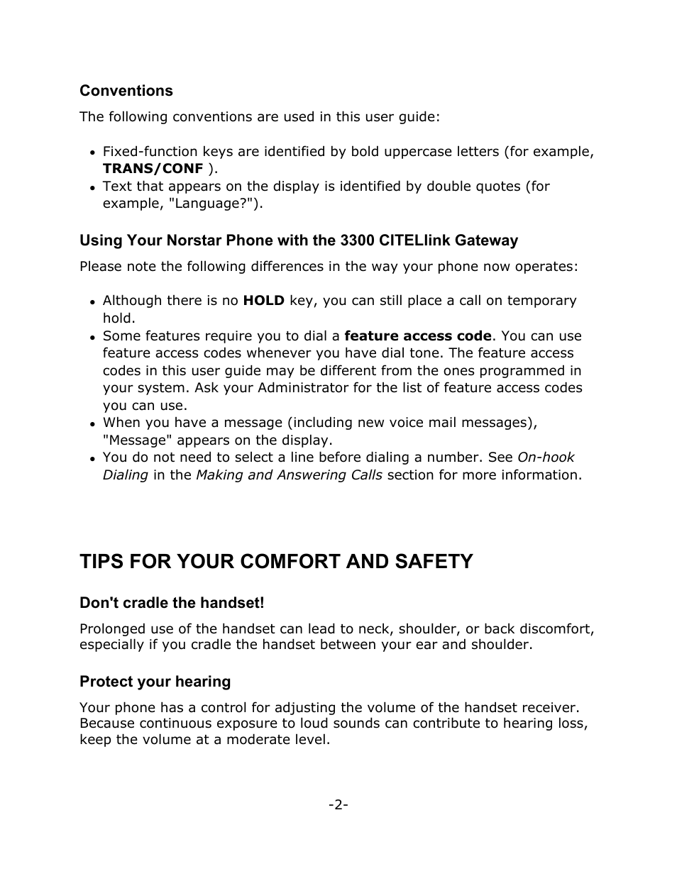 Tips for your comfort and safety, Conventions, Don't cradle the handset | Protect your hearing | Mitel M7100 User Manual | Page 6 / 21