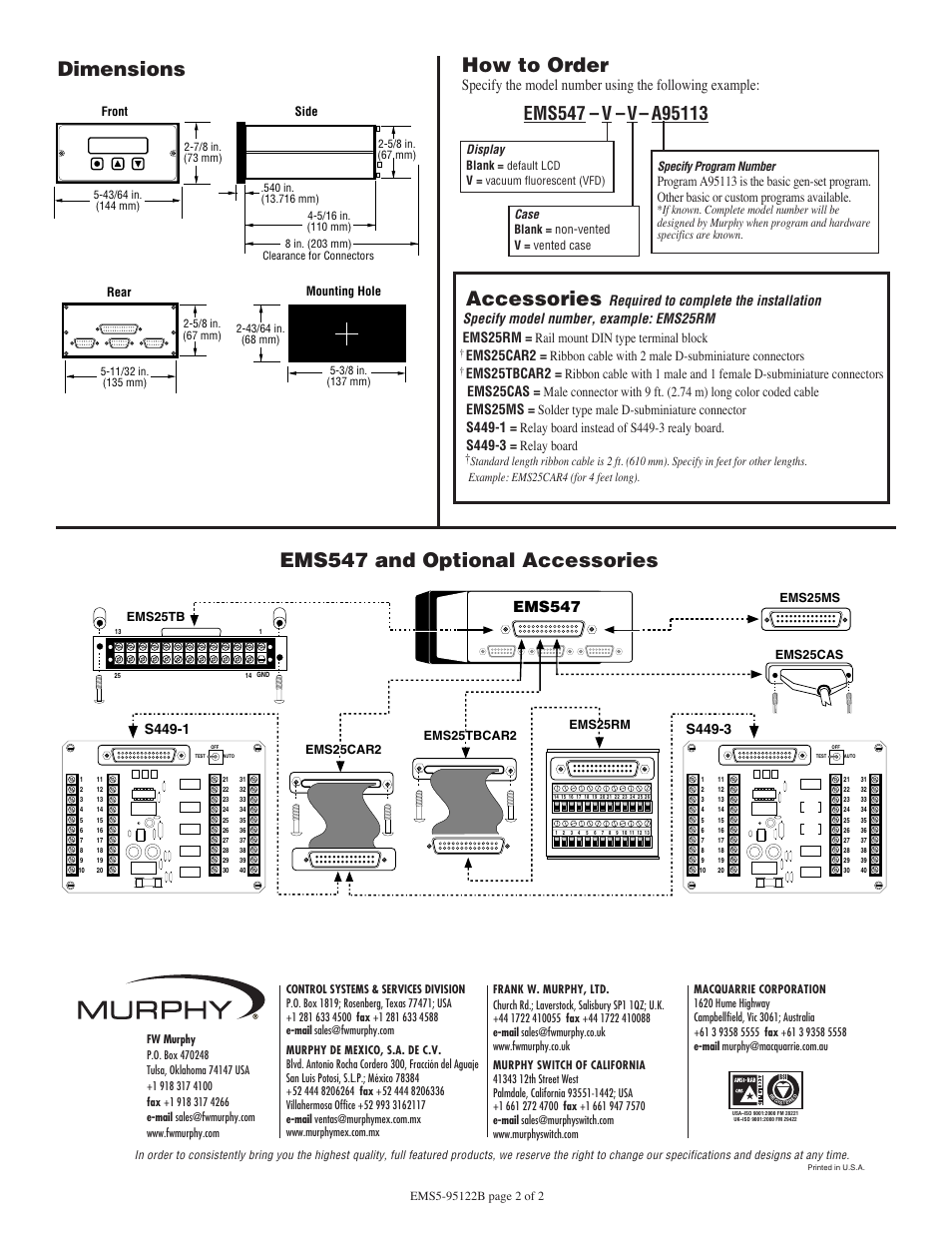 Dimensions, Ems547 and optional accessories, How to order | Accessories, S449-1, S449-3, Front, Rear, Side mounting hole, Specify program number | Murphy EMS547 User Manual | Page 2 / 2