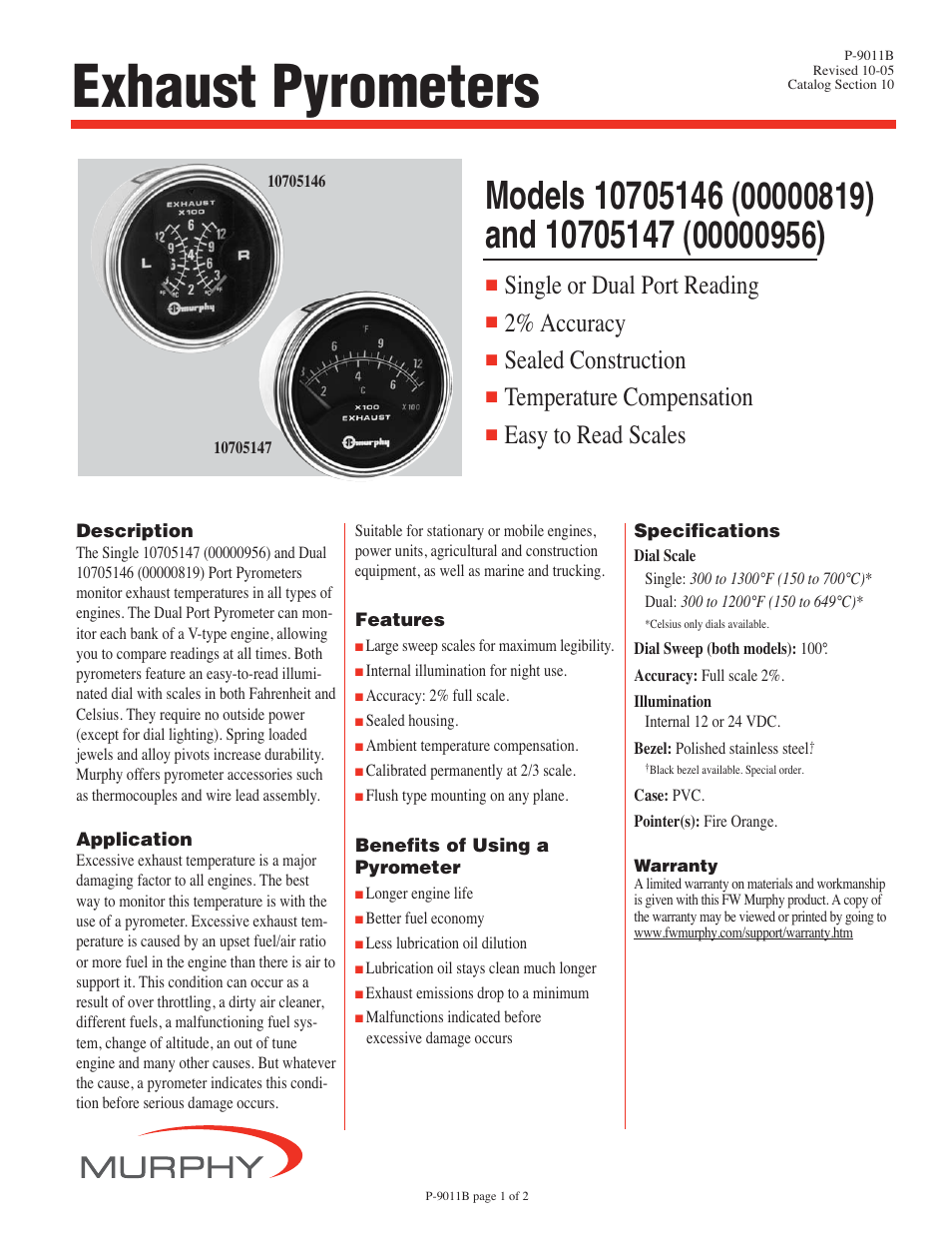 Murphy Exhaust Pyrometers 10705146 User Manual | 2 pages