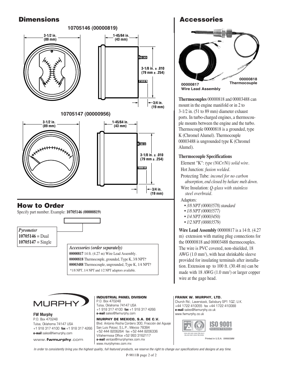 Accessories dimensions, How to order | Murphy Exhaust Pyrometers 10705146 User Manual | Page 2 / 2