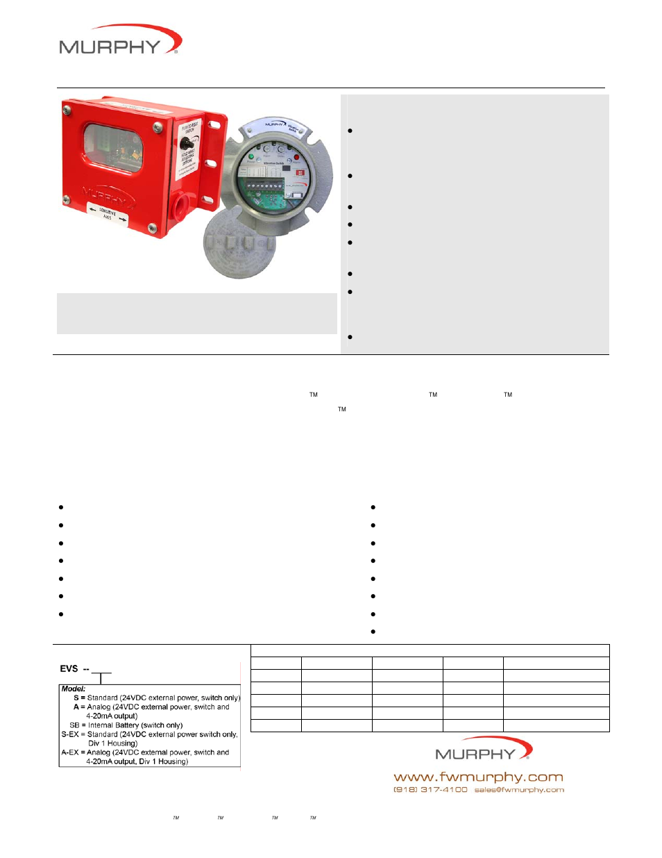 Murphy EVS-A-EX User Manual | 2 pages