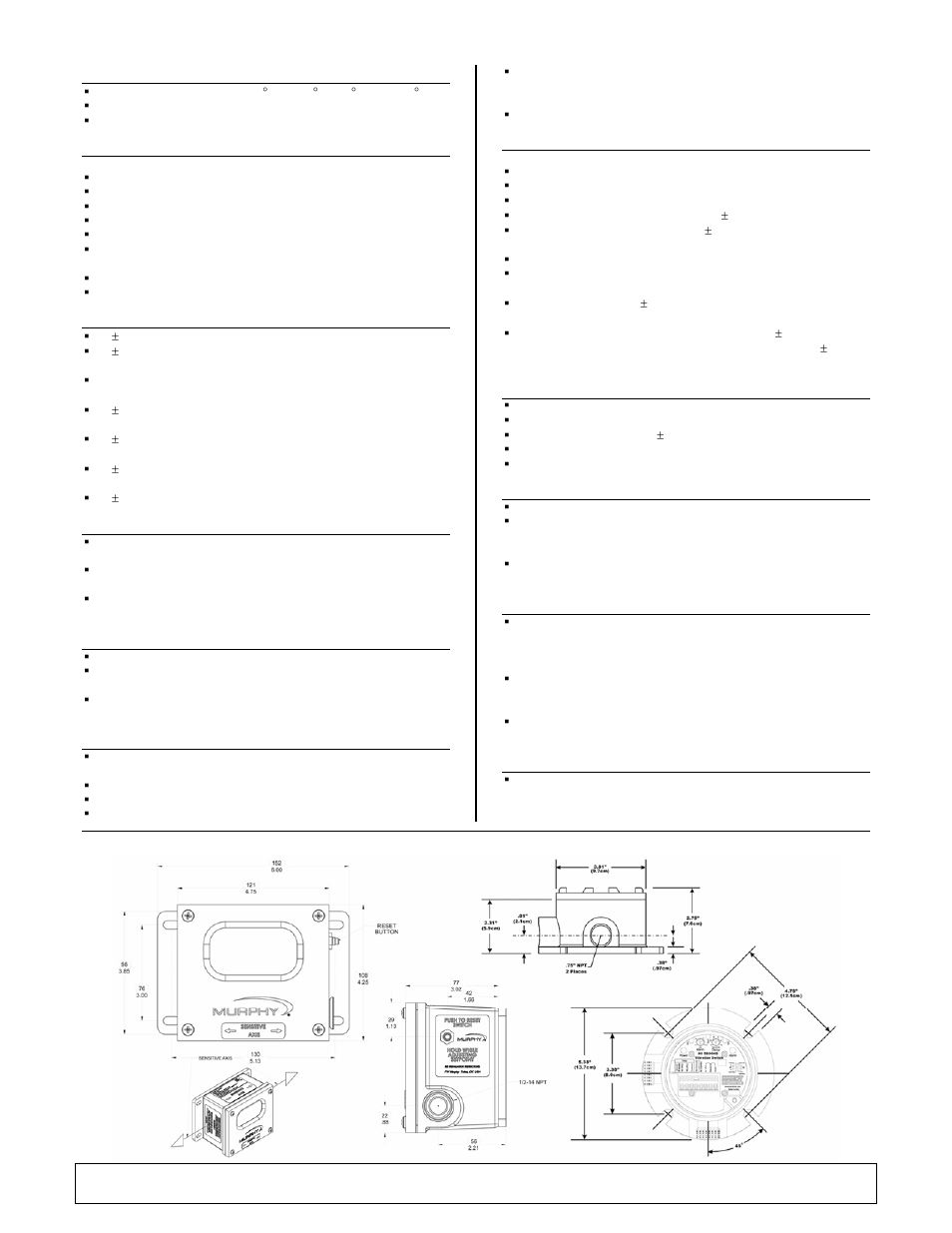 Specifications, Product dimensions and sensitivity axis | Murphy EVS-A-EX User Manual | Page 2 / 2