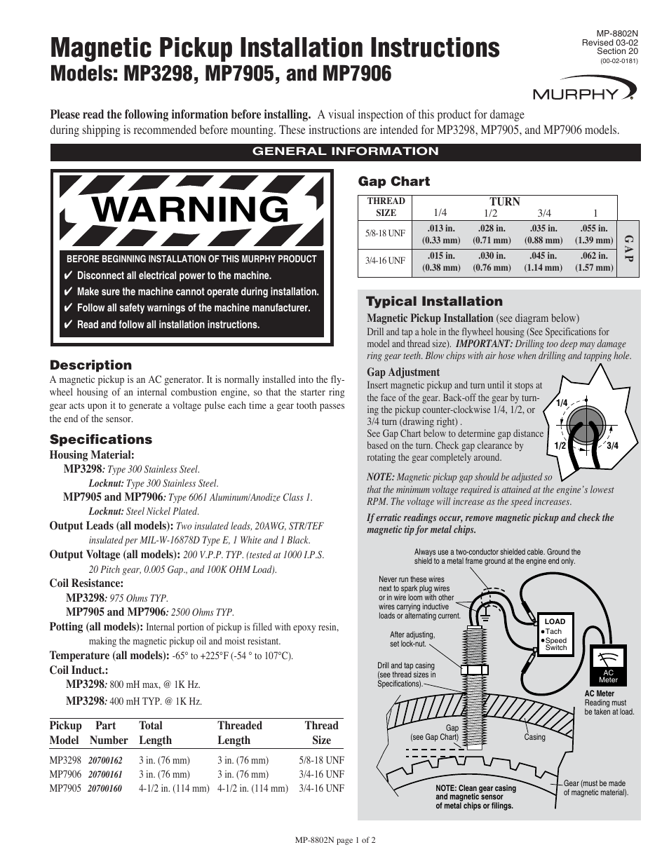 Murphy Magnetic Pickup MP-8802N User Manual | 2 pages